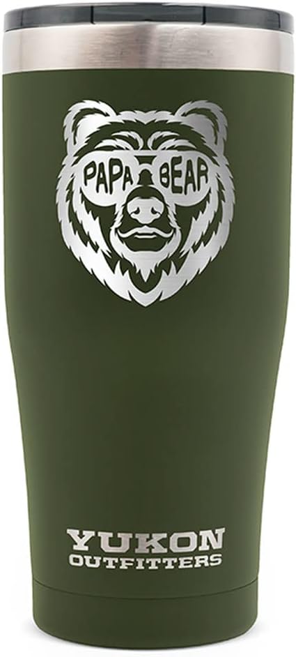 Yukon Outfitters Freedom High Grade 18/8 Corrosion-Resistant Stainless Steel Double Wall Vacuum Tumbler (20 oz/ 590ml) - 7.3" H x 3.4" Top dia. / 2.7" Bottom dia., Olive Drab with Papa Bear Shades
