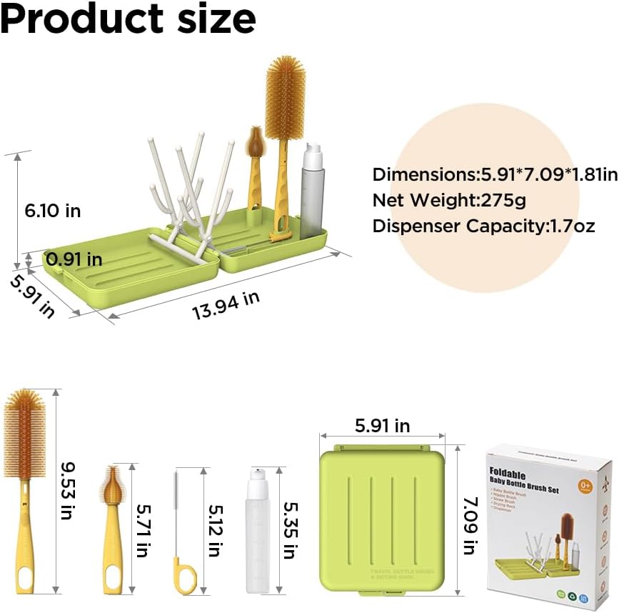 Travel Bottle Brush with Portable Bottle Drying Rack, Baby Bottle Brush for Baby Travel Essential, Green