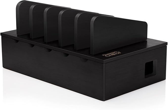 Prosumer's Choice Charging Station for Multiple Devices - 5 Device Charger Organizer for Smartphones and Tablets - Wooden Rack with Removable Dividers - Charging Dock for Work from Home - Black
