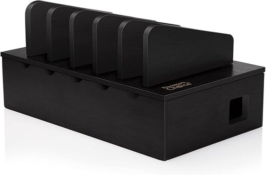 Prosumer's Choice Charging Station for Multiple Devices - 5 Device Charger Organizer for Smartphones and Tablets - Wooden Rack with Removable Dividers - Charging Dock for Work from Home - Black