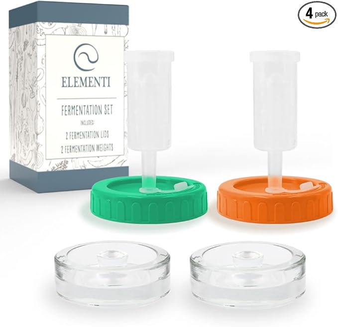 Elementi Fermentation Kit - Set of 2 Glass Fermenting Weights and Mason Jar Fermentation Lids for Wide Mouth Mason Jars - Sauerkraut & Pickling Kit - Make Perfect Kimchi Pickles & Sauerkraut at Home