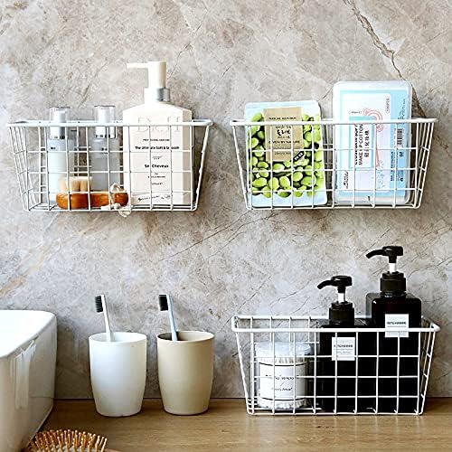 2 Set LeleCAT Hanging Wall Basket Organizer Over the Cabinet Door Adhesive Wire Baskets for Organizing Kitchen Food Pantry Bathroom Shelf Storage No Drilling Wall Mounted,White