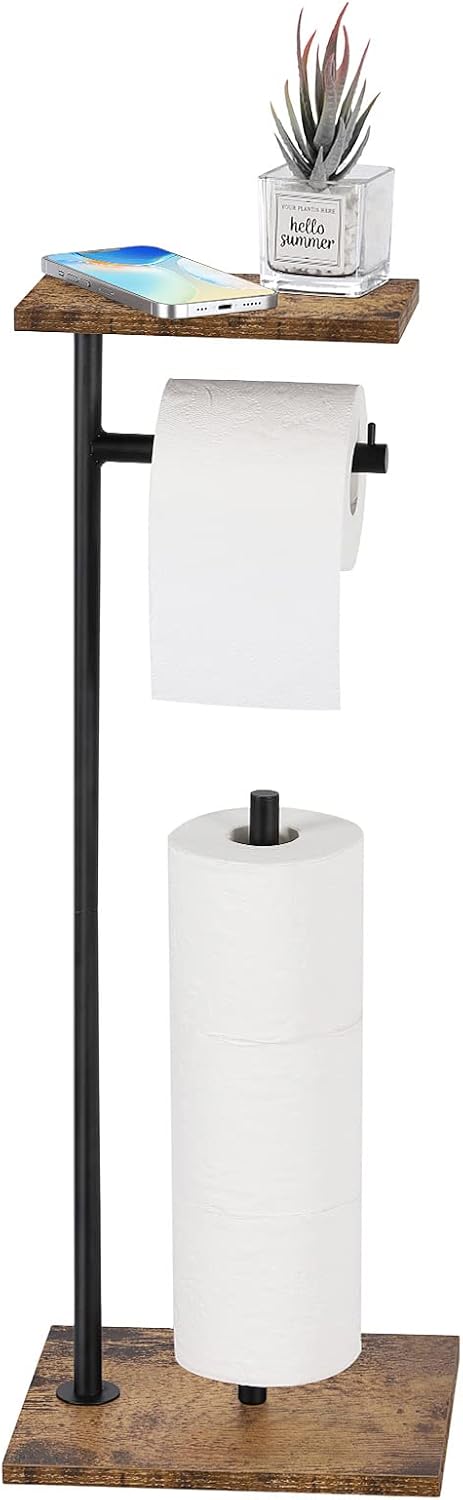 Toilet Paper Holder Stand Bathroom Toilet Paper Roll Holder with Shelf, Free Standing Toilet Paper Holders Floor Stand Freestanding Tissue Dispenser for Reserve Wipe Mega Rolls, Phone