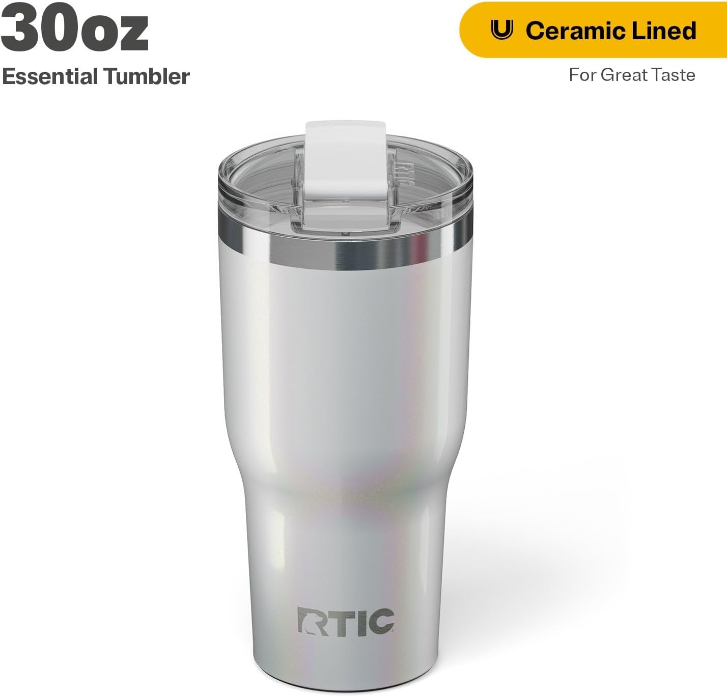 RTIC 30oz Essential Tumbler with Lid, Ceramic Lined, Insulated, Stainless Steel, Metal, Double Wall Vacuum-Insulation, Travel Cup for Iced Coffee, Tea, Hot and Cold Drink, Cool Grey Glitter