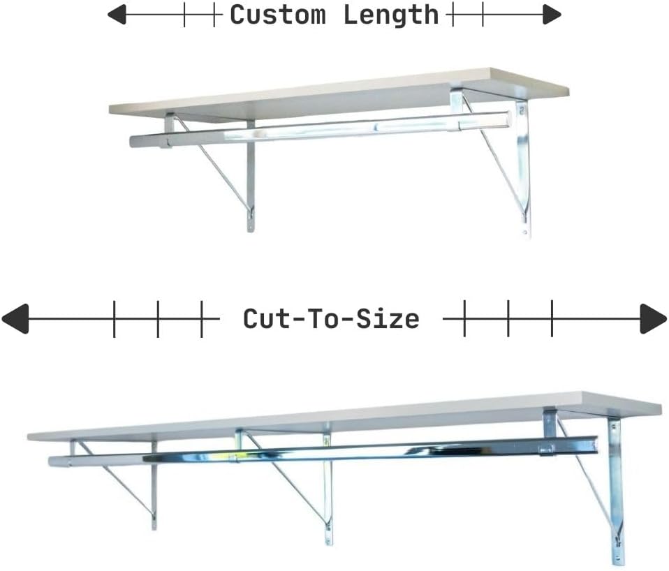 Custom Cut-to-Size Premium Wall-Mounted Shelf with Rod and Bracket Kit. 3/4" Thick Shelves, 14 inches deep. Customize The Length from 16" up to 72".