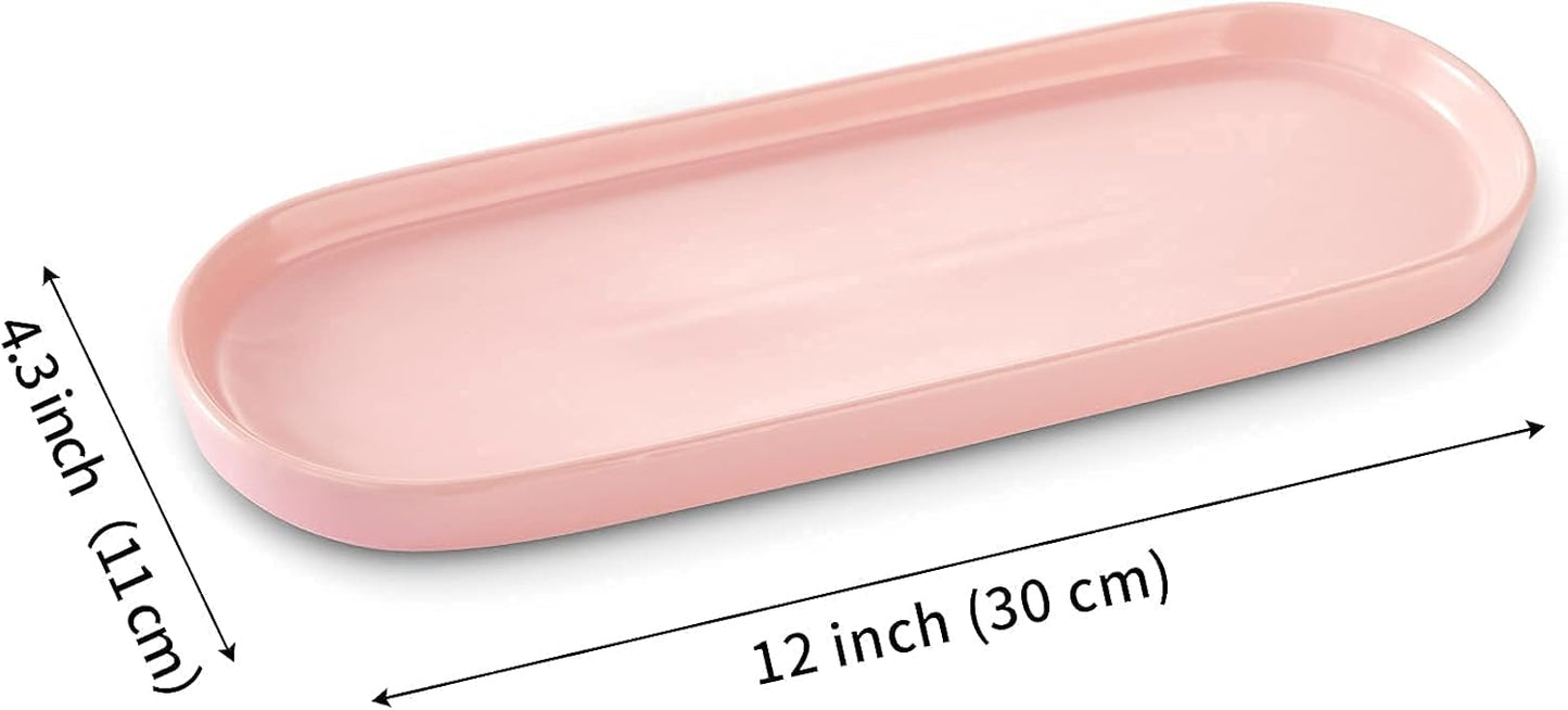 Ceramic Sink Tray, Bathroom Counter Tray, Bathtub Tray, Cosmetics Dish, Candle Tray, Perfume Shampoo Liquid Soap Tray Simple Style Design Suit for Bathroom and Kitchen (Pink)