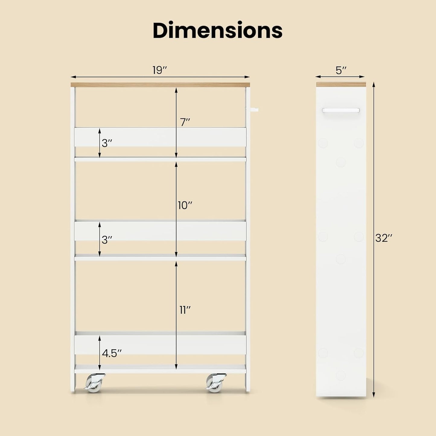 Small Kitchen Cart, 4-Tier Slim Rolling Island w/Handle, Laundry Room Storage Organizers Between Washer and Dryer, Narrow Spice Rack on Wheels Next to Fridge (White & Natural, 5'')