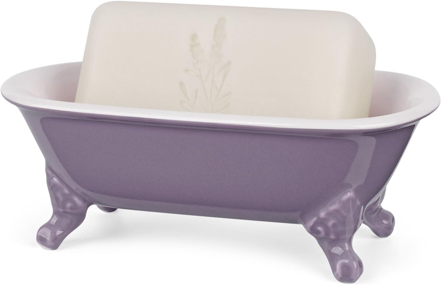 6.5" Ceramic Mini Decorative Clawfoot Bathtub Bar Soap Dish, Kitchen Sponge Holder and Shower Tray for Bathroom, 1 Pack(Lavender)