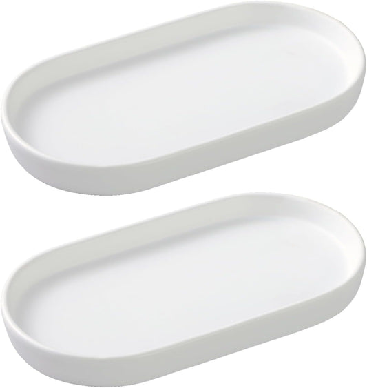2 Pack White Round Soap Dispenser Tray - 8'' Ceramic Vanity Tray & Organizer Plate Set, Bathroom & Kitchen Countertop Decor for Soap Dispenser, Jewelry, Cosmetics, Sink