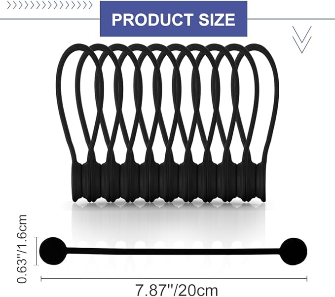 Kanemc 7.9'' Long Magnetic Cord Tie With Labels, Cable Straps Twist Ties Wire Tags Silicone Cord Wrap For HDMI Ethernet Cable Laptop Phone Charging Cords Kitchen Appliances Organization (10Pcs-Black)