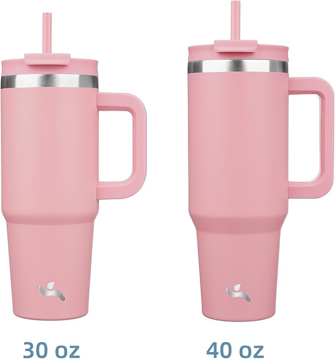 30 oz Tumbler with Handle and 2 Straws,2 in 1 Lid Insulated Water Bottle Stainless Steel Travel Coffee Mug,Pink
