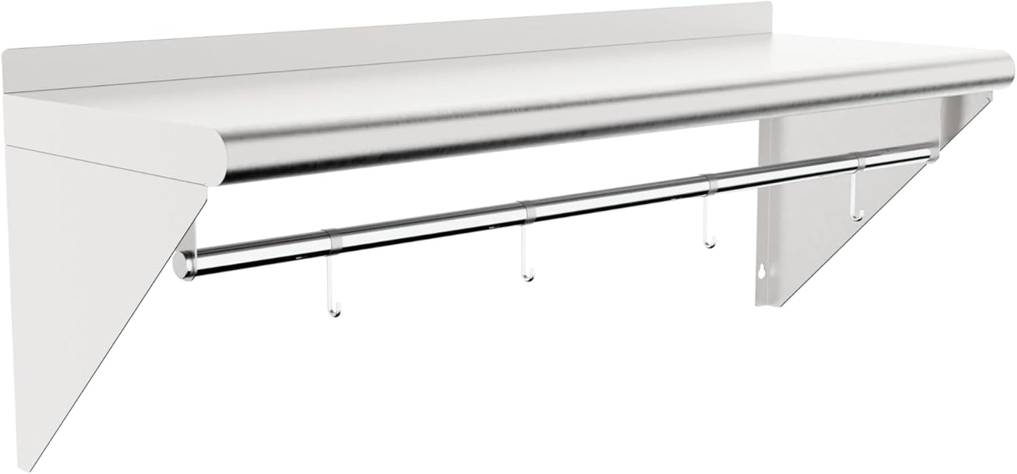 12''x24'' Wall Mounted Stainless Steel Shelf with Suspension Rod, NSF Commercial Metal Wall Mounted Floating Shelf for Kitchens, Restaurants, Food Trucks, Garages, Homes and Hotels