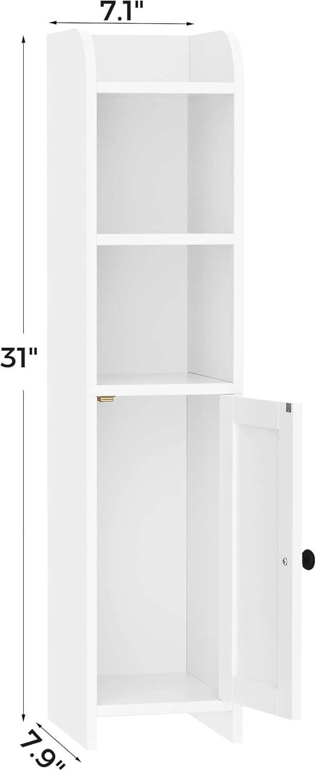 Homhedy Small Bathroom Storage Corner Floor Cabinet with Door and Shelves, Beside The Toilet Paper Stand for Skinny, Narrow Toilet Paper Cabinet, 7.9" D x 7.1" W x 31" H, White