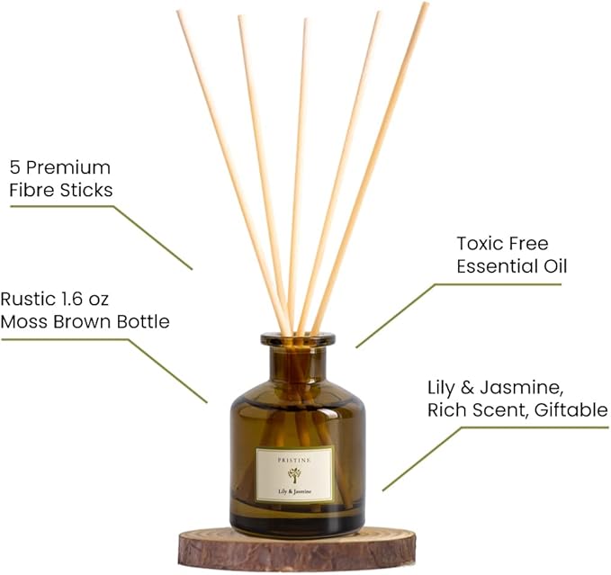 PRISTINE Lily & Jasmine Reed Diffusers for Home & Bathroom | Refreshing Lily of Valley & Jasmine Room Fragrance Reed Diffuser, Oil & Room Diffusers with Reeds Stick Set | Home Fragrance Scent Diffuser