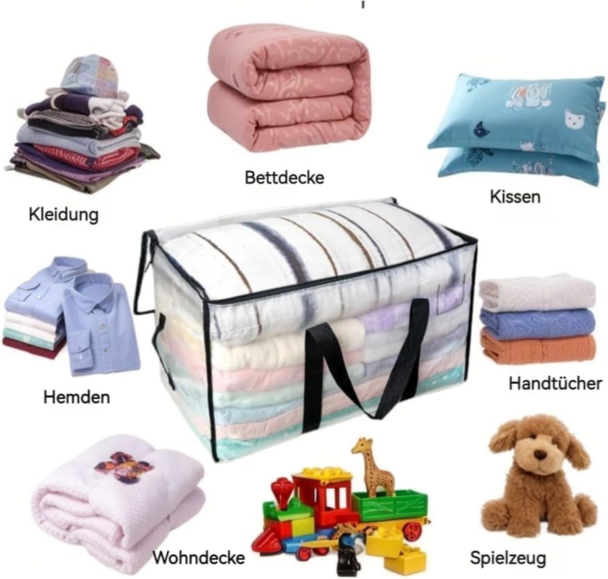 8 Pack-Extra Large Heavy Duty Moving Bags - Waterproof Storage Totes with Handles & Zippers, Foldable for College Dorm, Storage (Clear)