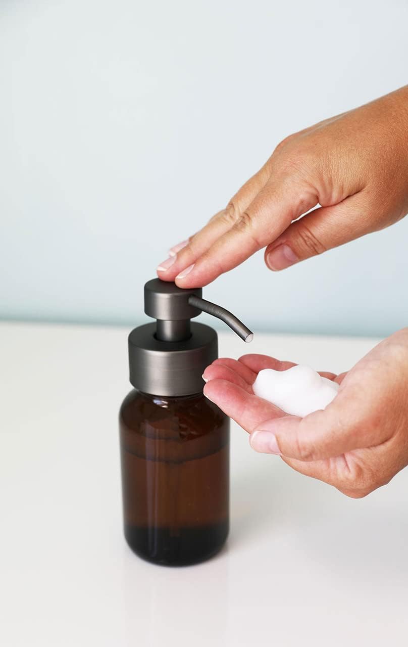 Rail19 Amber Glass Apothecary Foaming Soap Dispenser with Metal Pump - for Kitchen and Bathroom Countertop, 8.5oz (Bronze)