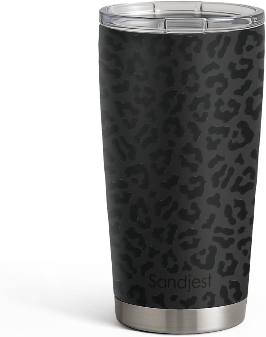 SANDJEST Leopard Print Tumbler 20oz Stainless Steel Insulated, Black Leopard Travel Coffee Cup, Bow Gifts for Women Girls Teen, Birthday Christmas