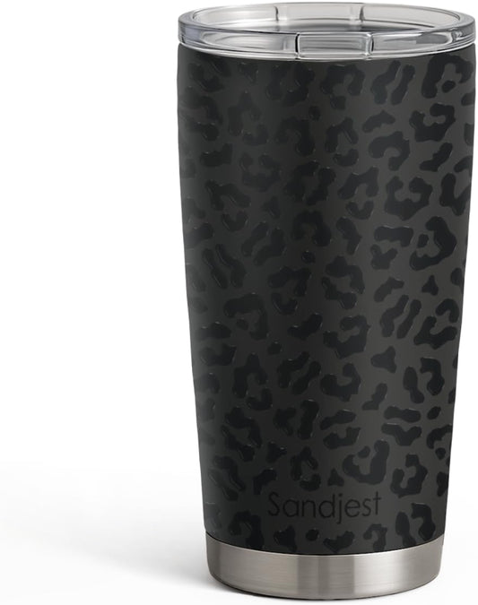 SANDJEST Leopard Print Tumbler 20oz Stainless Steel Insulated, Black Leopard Travel Coffee Cup, Bow Gifts for Women Girls Teen, Birthday Christmas