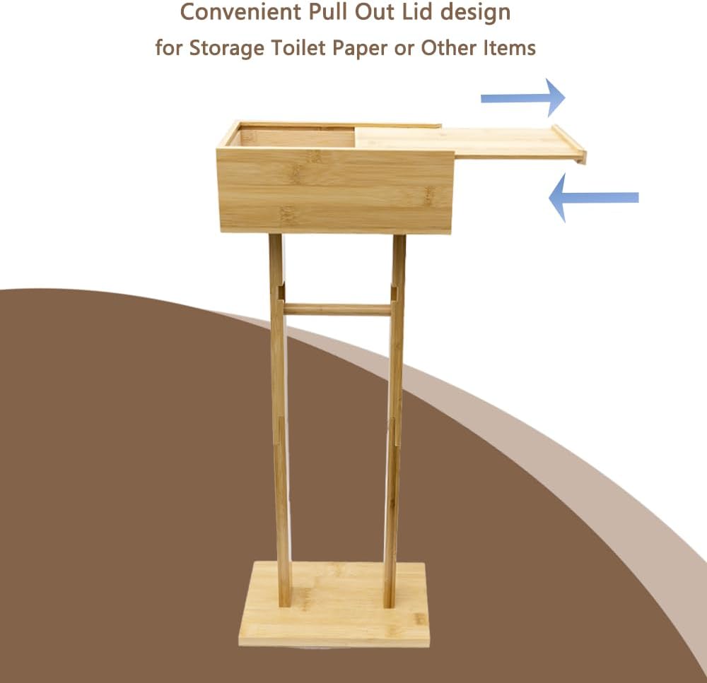 Bamboo Toilet Paper Holder Stand, Free Standing Toilet Paper Holder Tissue Roll Stand Rack for Small Space Bathroom and Spare Rolls Storage