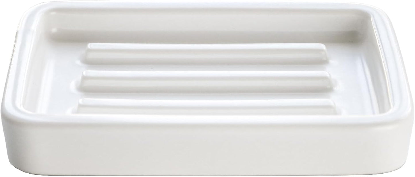 Matte Ceramic Soap Dish with Raised Ridges, Rectangle Bar Soap Holder for Bathroom Counter, Shower and Kitchen Sink, White