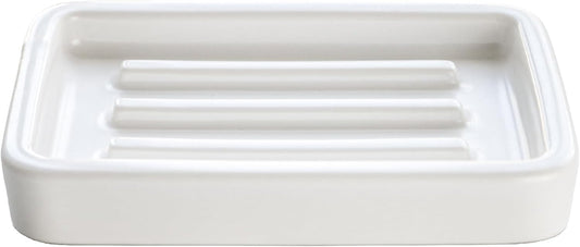 Matte Ceramic Soap Dish with Raised Ridges, Rectangle Bar Soap Holder for Bathroom Counter, Shower and Kitchen Sink, White