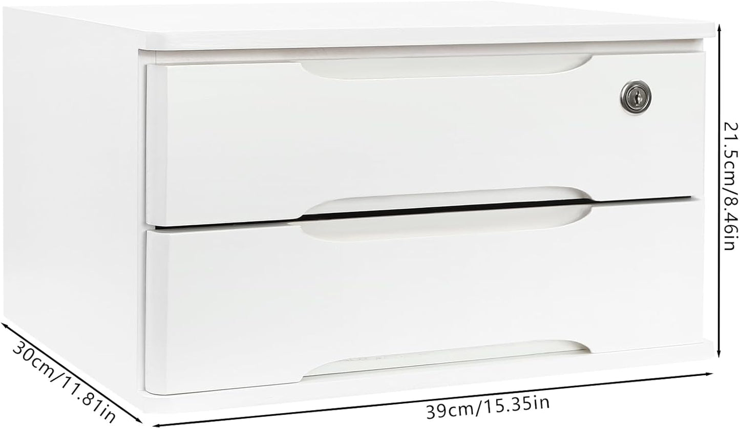 2-Tier Wooden Desktop Storage Box Desk Organizer with 2 Drawers and Lock Countertop Drawers Organizer for Office Supplies File Paper Cosmetic Jewelry, 15.4x11.8x8.5 in (White)