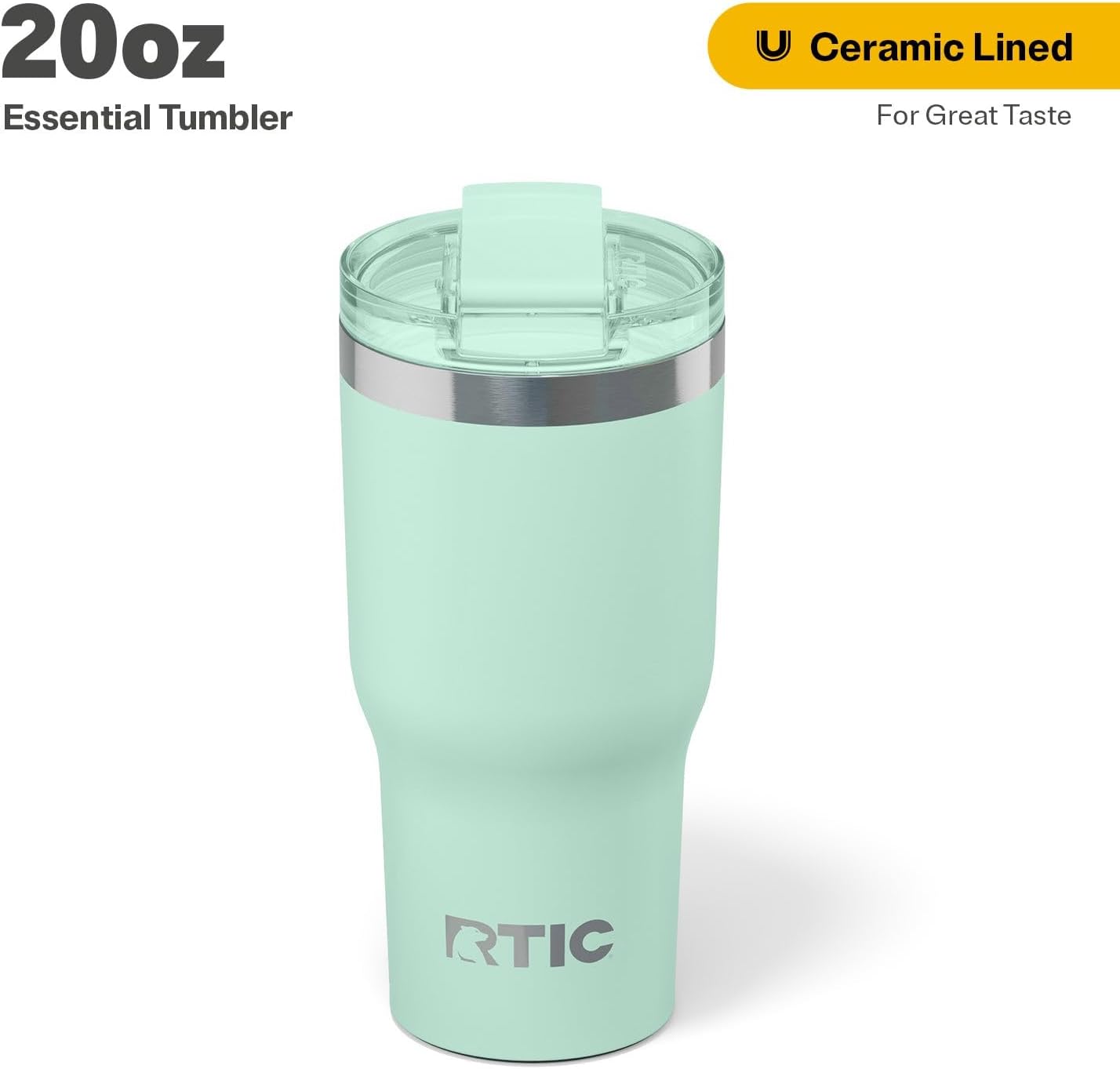 RTIC 20oz Essential Tumbler with Lid, Ceramic Lined, Insulated, Stainless Steel, Metal, Double Wall Vacuum-Insulation, Travel Cup for Iced Coffee, Tea, Hot and Cold Drink, Fresh Mint
