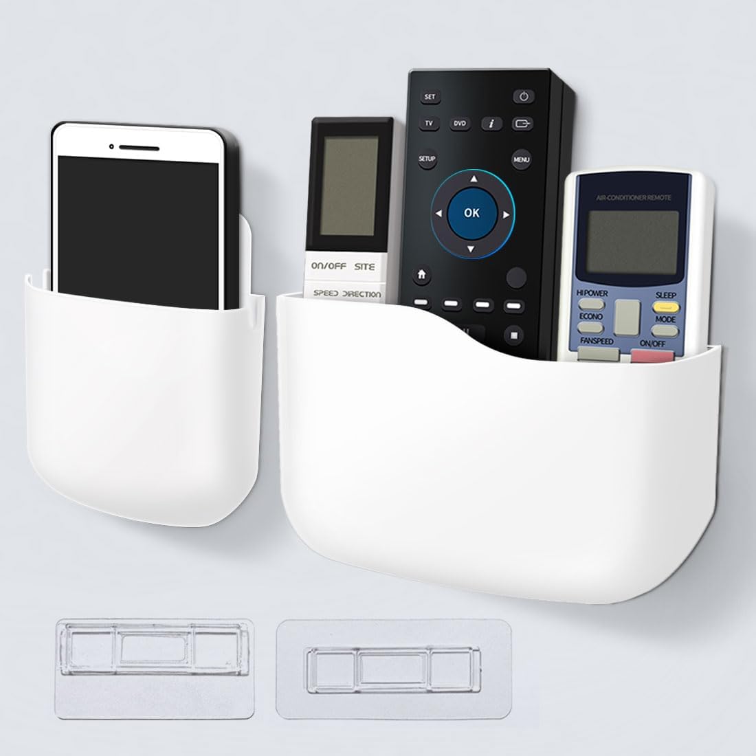 Remote Control Holder Wall Mount Set, Office Supplies Supply Organizer, Bedside Audio-Video Remote Control Shelving, with Self Adhesive Caddy Storage Box, White Wall Phone Stand Mail Sorters