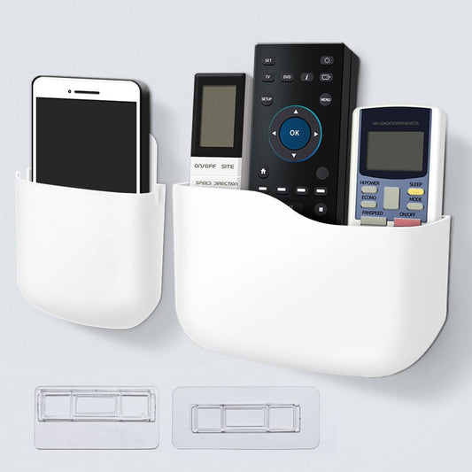 Remote Control Holder Wall Mount Set, Office Supplies Supply Organizer, Bedside Audio-Video Remote Control Shelving, with Self Adhesive Caddy Storage Box, White Wall Phone Stand Mail Sorters