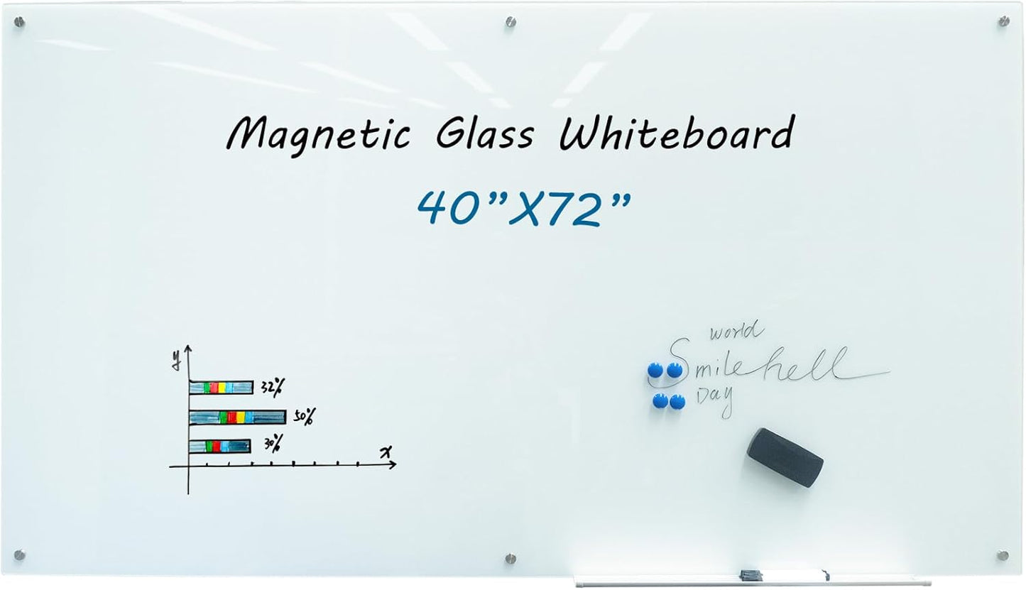 Magnetic Glass Dry Erase Board Frameless Wall Mounted White Board 40 * 72 WritingBoard Large Glass Board for Office School Home Accessory Tray, 3 Dry Erase Marker,4 Magnets and 1 Magnetic Eraser