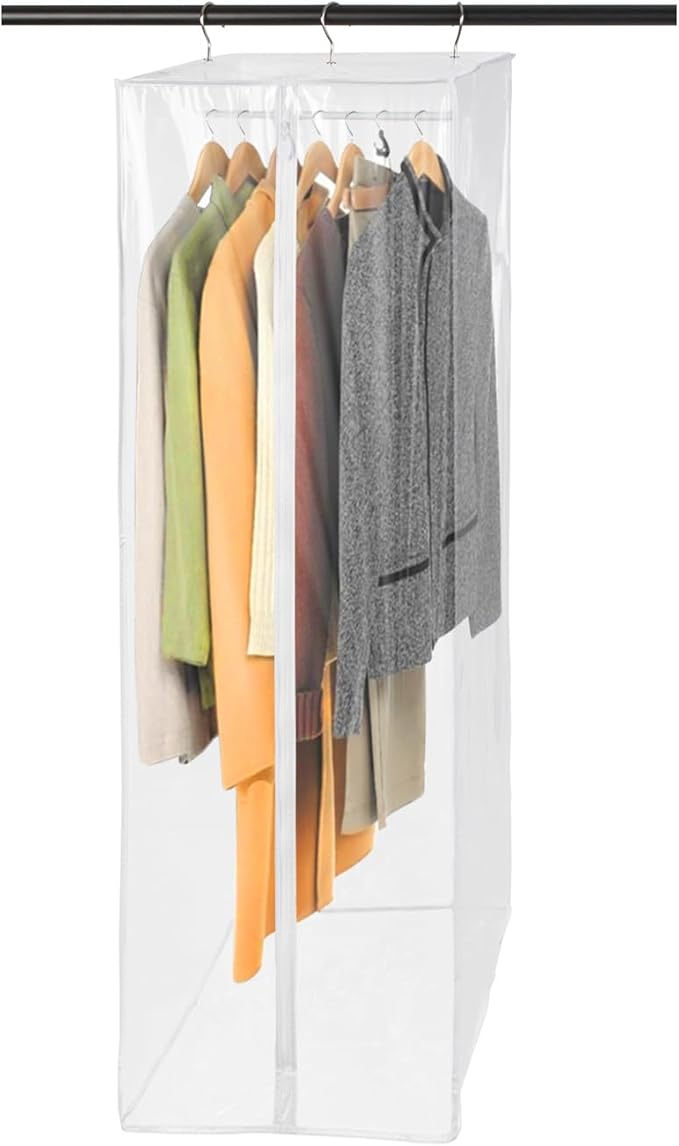 Garment Bag - Clear Hanging Closet Organizer - Durable Zippered Cover with Rod Protects Dresses, Suits, and Jackets from Dust and Moist- Top Metal Frame to Keep All Your Stuff in Shape- 60" x 20" x 15