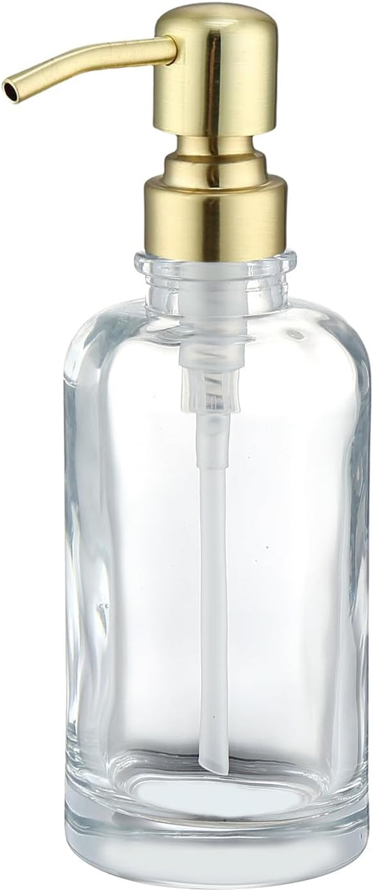 Bathroom Soap Dispenser Brushed Gold, 11 oz Glass Cylindrical Bottles with Stainless Steel Pump Liquid Hand Soap Dispenser Kitchen