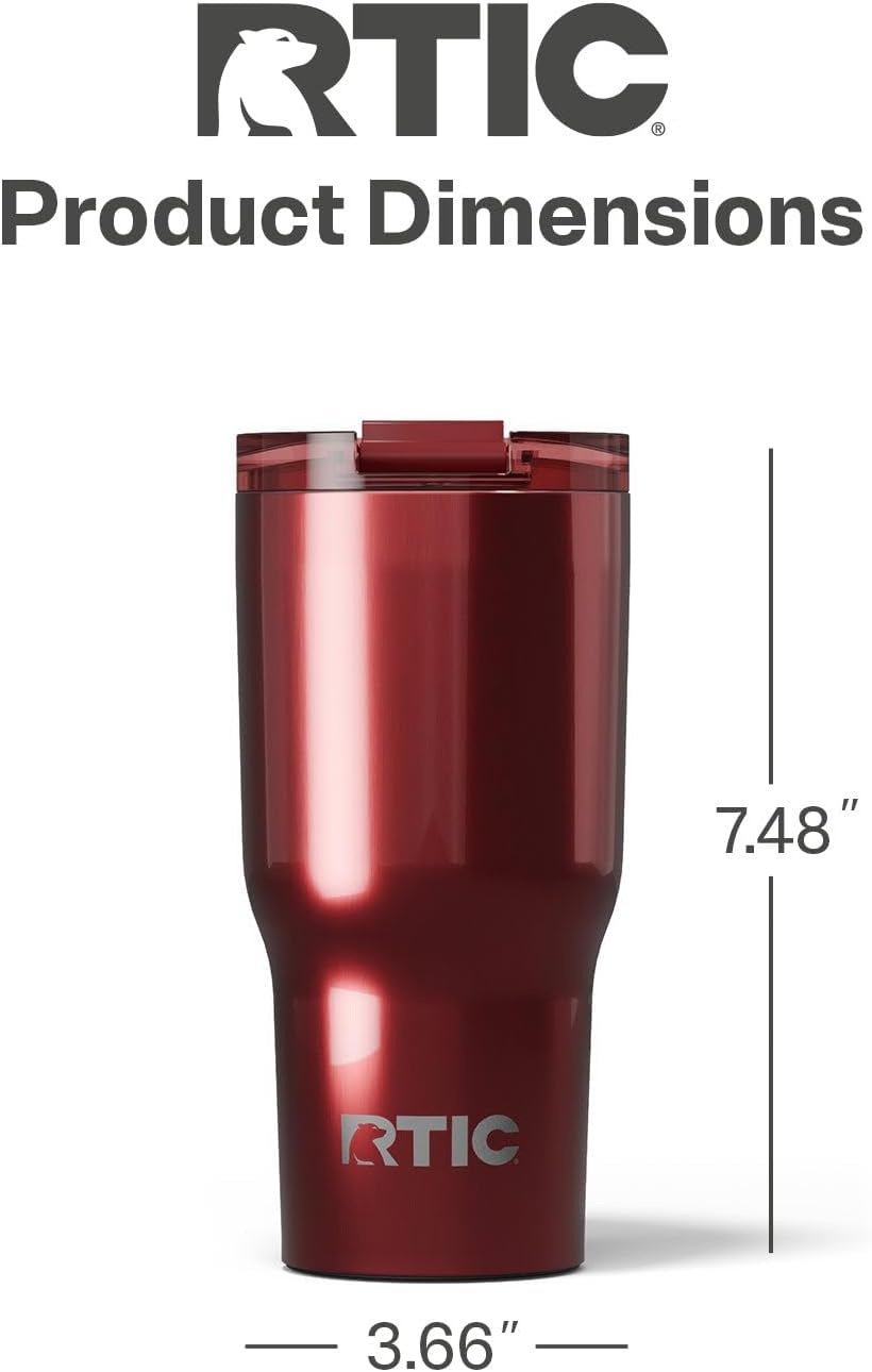 RTIC 20oz Essential Tumbler with Lid, Insulated, Stainless Steel, Metal, Double Wall Vacuum-Insulation, Ceramic Lined, Travel Cup for Iced Coffee, Tea, Hot and Cold Drink, Black Cherry Metallic