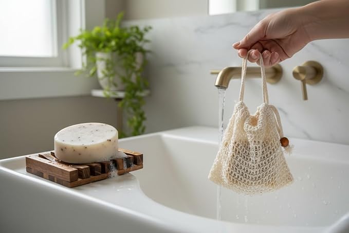 Natural Wooden Soap Dish & Sisal Exfoliating Pouch Set – Eco Soap Saver Holder & Soap Tray – Plastic-Free Bathroom, Shower & Kitchen Accessories – Sustainable Bath Gift