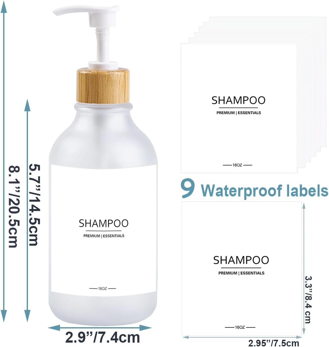 Frosted Plastic Shampoo and Conditioner Bottles, Apothecary Dispenser Bamboo Pump, Refillable Bottles for Shower Lotion, Oil, Hand Soap, Sanitizer, Liquid Soap, Set of 3 with 9 Labels (3, Matte Clear)