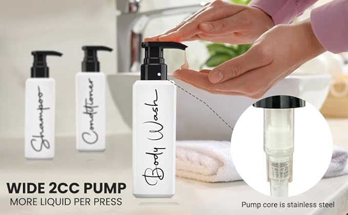 Luxury Spa-Inspired Shampoo and Conditioner Dispenser Set – 3 Refillable Pump Bottles for Shower Wall – Printed Shampoo, Conditioner & Body Wash