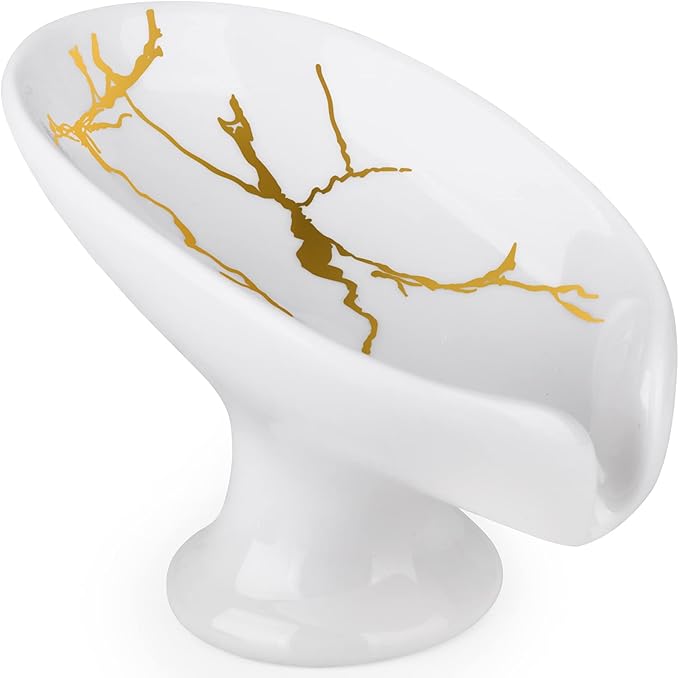 Soap Dish for Shower Ceramic Soap Holder Self Draining Leaf Shape Bar Soap Tray, Marble Pattern White Drain Soap Dish Holder for Bathroom,Easy Cleaning Keep Soap Dry