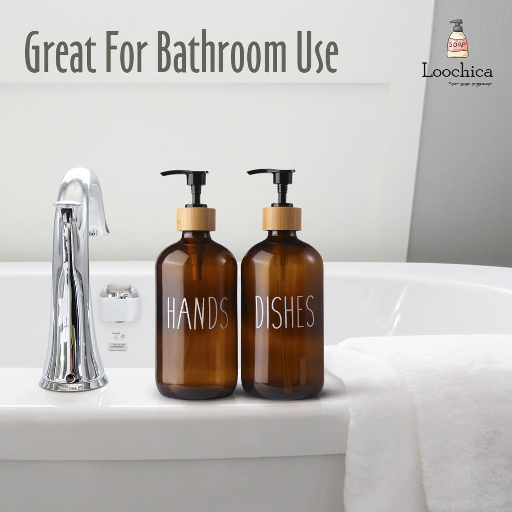 2 Pack Amber Glass Soap Dispenser with Plastic Pump, Brown Dish and Hand Soap Dispenser Set, Refillable Reusable Apothecary Soap Pump Dispenser Bottles for Bathroom and Kitchen