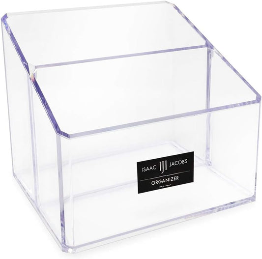 Isaac Jacobs Clear Acrylic 2-Section Organizer, Remote Holder & Multi-Functional Makeup, Brush, Pen & Pencil Storage Solution, for The Home, Bathroom, Office, Child’s Desk (2-Section, Clear)