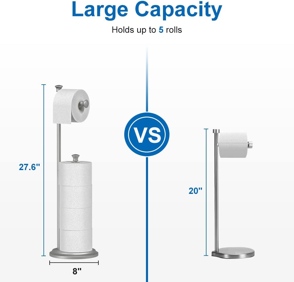 Free Standing Toilet Paper Holder Stand Brushed Nickel Toilet Roll Stand Bathroom Tissue Rack with Storage Reserves 5 Mega Rolls