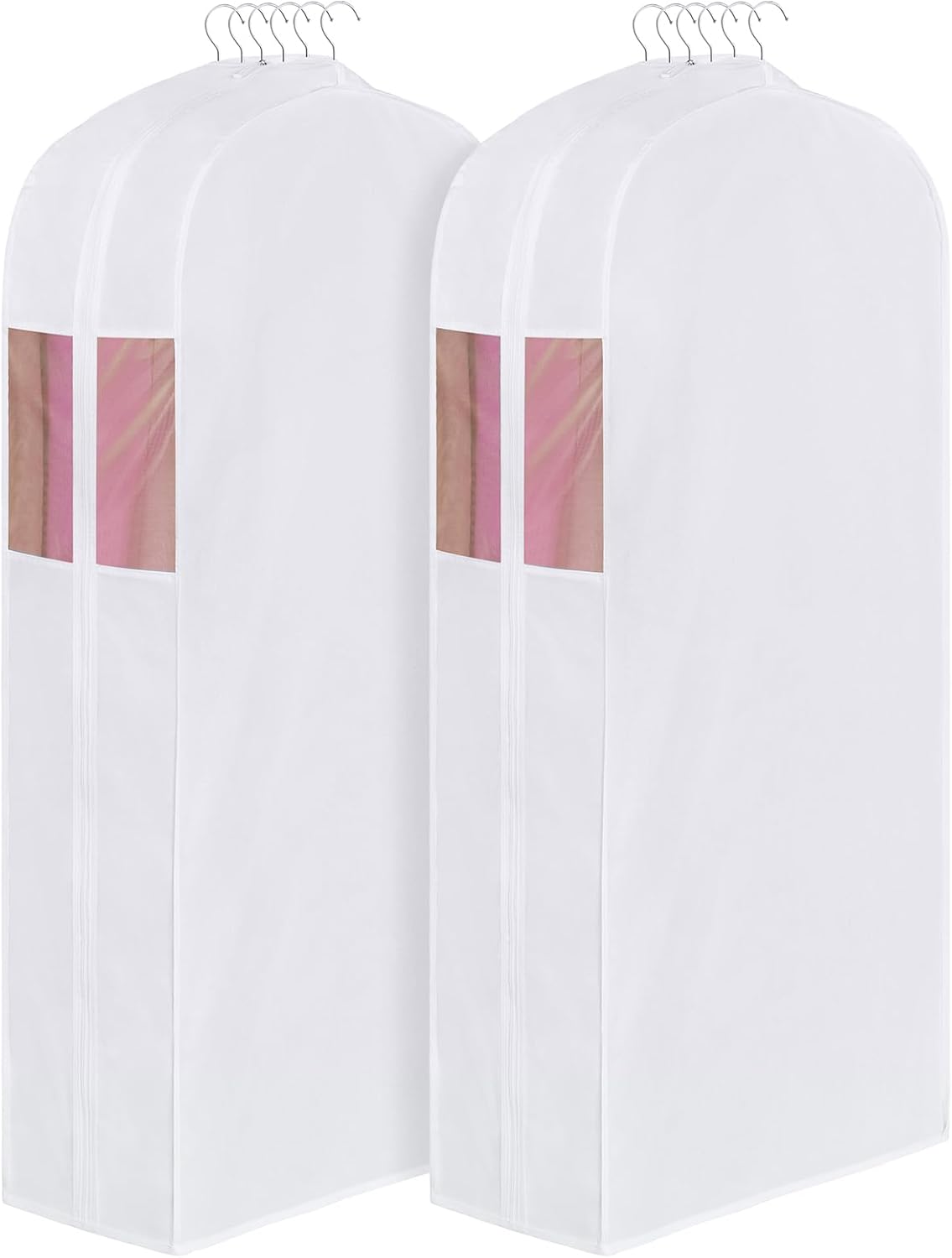 Univivi Premium Cotton Garment Bags for Hanging Clothes and Storage, 60 Inch Washable Dress Bags for Gowns Long, Full Zipper Dust Cover with Extra Large 10" Gusset & Clear Window - 2 Pack