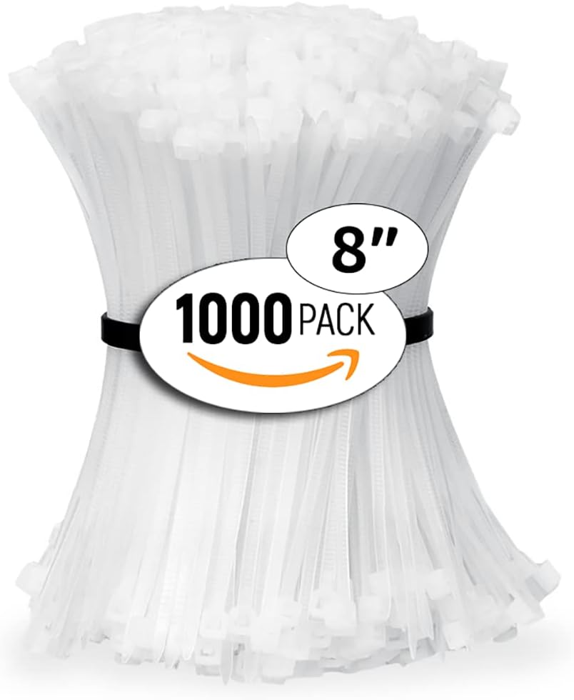 ALBO Zip Ties White 8 Inch 1000 Pack 40 lb, Long Plastic Cable Ties Thick 0.14 Inch Tie Wraps Heavy Duty UV Resistant Nylon Wire Ties for Indoor and Outdoor