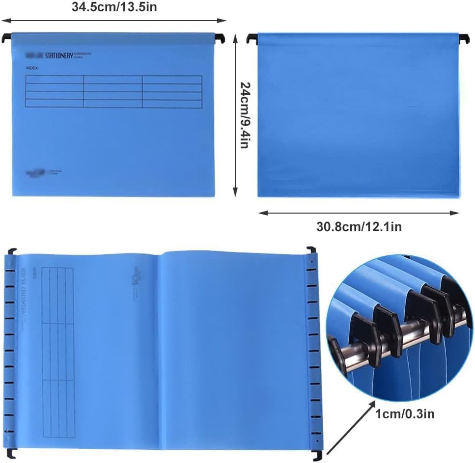 Hanging File folders,A4 Suspension Files with Tabs and Card Inserts for Filing Cabinets, Polypropylene A4 Hanging Filing Storage (Blue, Pack of 12)