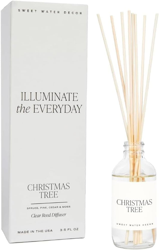 Sweet Water Decor Christmas Tree Reed Diffuser Set - Spruce, Pine Needles, Cedar, and Moss Scented Diffusers - Scent Diffusers for Home, Long Lasting Fragrance, Made in The USA