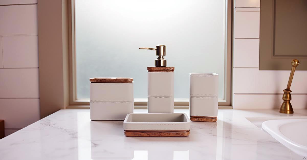 Hymmah Leather Pattern Design Bathroom Accessories Set,Farmhouse Bathroom Decor,4 Pcs Resin Gift Set Apartment Necessities, Contain Cotton Swab Jar,Soap Dispenser,Tumbler，Soap Dish/Tray