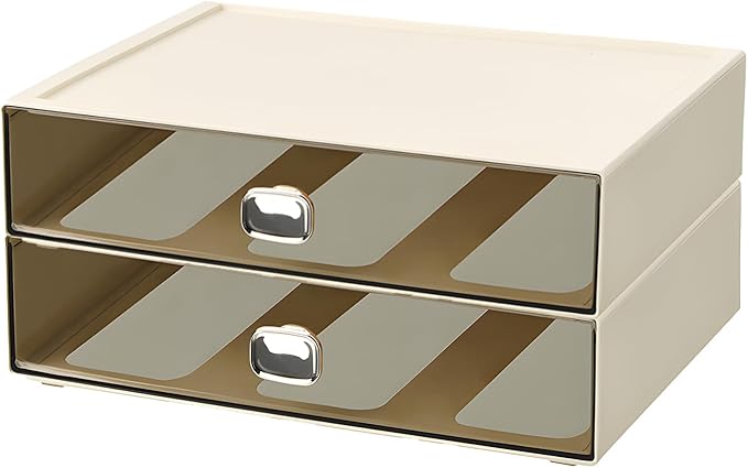 Spacious Desktop Storage Box, 2 Large Storage Drawers, Stackable Office Desk Drawer Organizer and Accessories, Printer Paper Organizer, Cream Plastic Drawers for Workspace