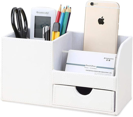 KINGFOM Desk Organizer Office Supplies Caddy Pu Leather Multi-function Storage Box Pen/Pencil,Cell phone, Business Name Cards Remote Control Holder with Small Drawer White