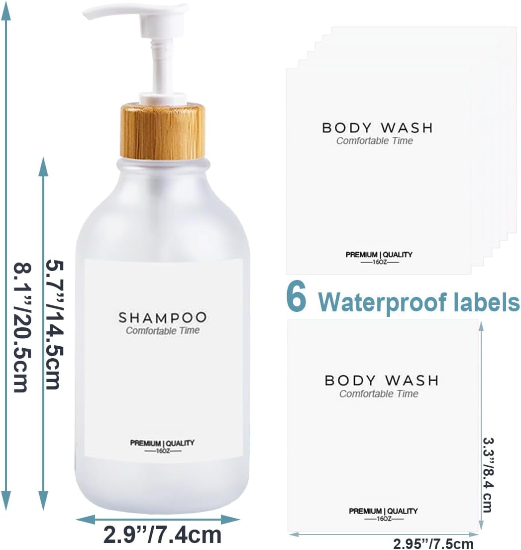 Frosted Heavy Duty Shampoo and Conditioner Bottles, Apothecary Dispenser Bamboo Pump, Refillable Shampoo Bottles for Shampoo Lotion Oil Shower Soap Hand Soap and Dish Soap (Matte Clear)