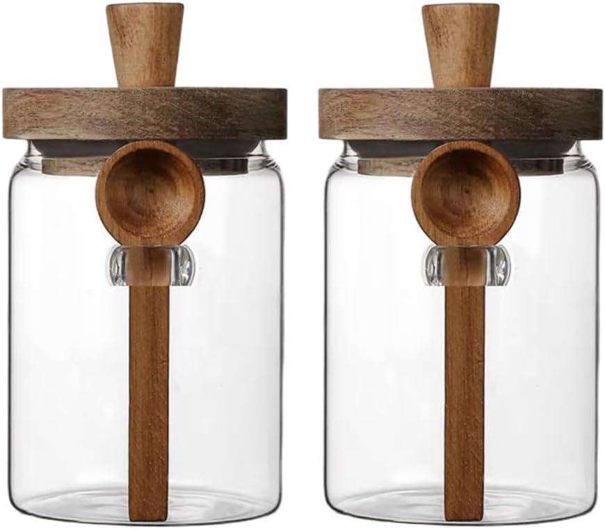 ANSQU Set of 2 Glass Food Storage Jars with Bamboo Wood Lid and Spoon, 27oz Glass Kitchen Canisters for Coffee, Tea, Cereal, Spice and Canning, Mason Jars (27oz-2pack)