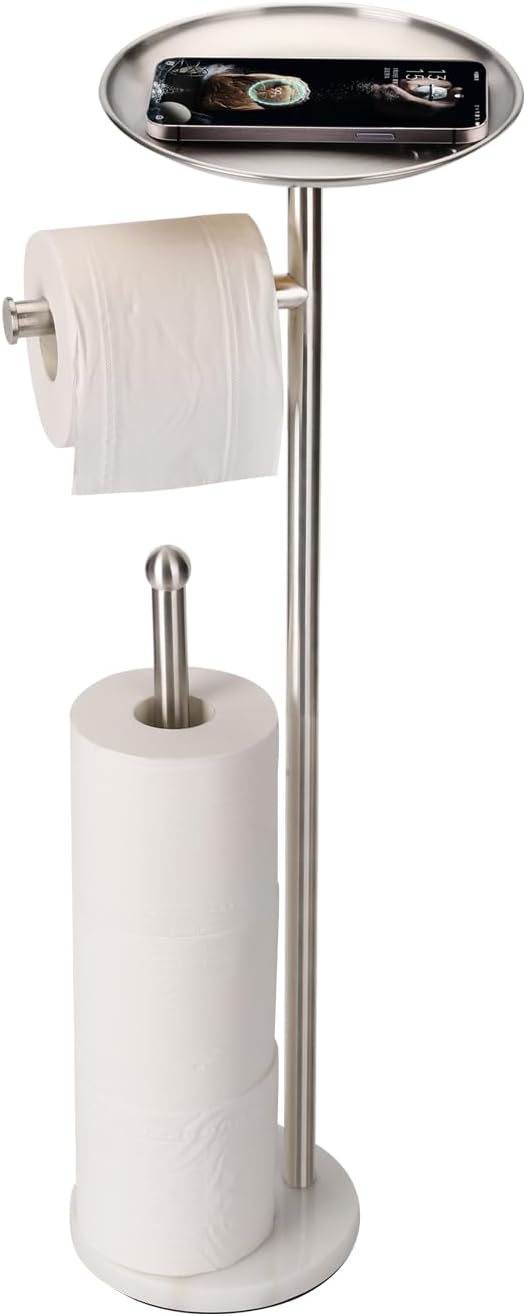 Noonext Toilet Paper Holder Stand with Shelf, Freestanding Toilet Paper Holder, Heavy Marble Base No Tipping Over (Brushed Nickel)